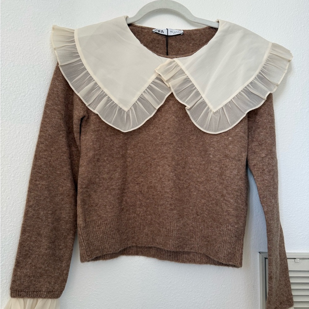 NWT Zara Brown Knit with Cream Ruffle Collar